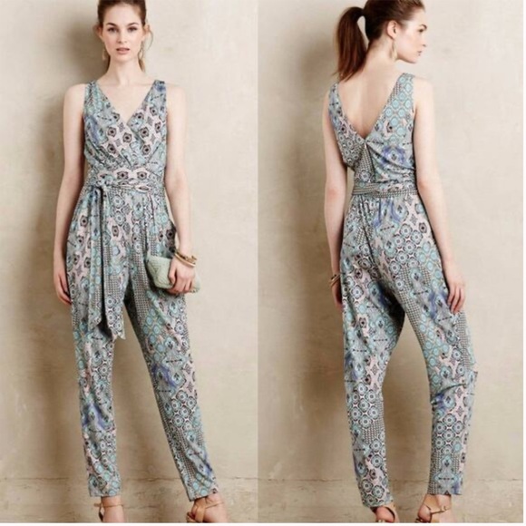 Anthropologie Antilles Jumpsuit Paisley Print Waist Tie Surplice Faux Wrap S - Picture 2 of 7